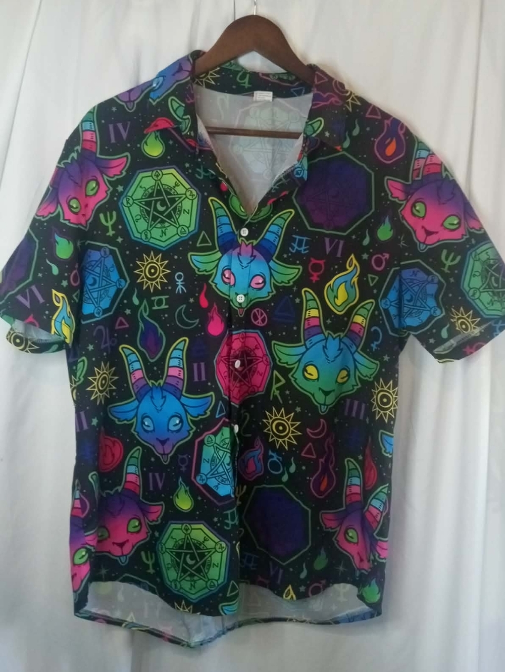 Large Neon Baphomet Satan Pentagram Button Shirt Black Cute Punk Goth Raver Goat